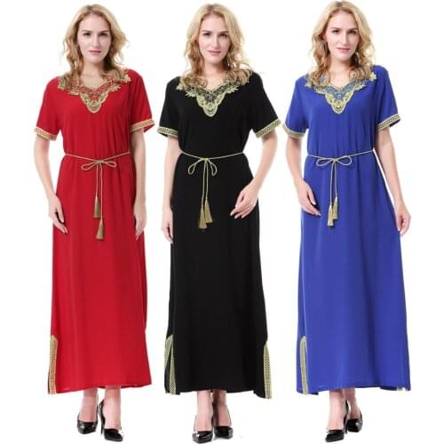Women Muslim Abaya Maxi Tunic Dress Jalabiya Emboridery Short Sleeve Long Robe Islamic Prayer Clothes Middle East Ramadan CN-074