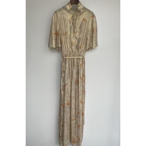 2022 spring Woman Floral Print long Dress Stand Collar Frills V-neck with Tied Half Cape Sleeves Elastic Waist Long