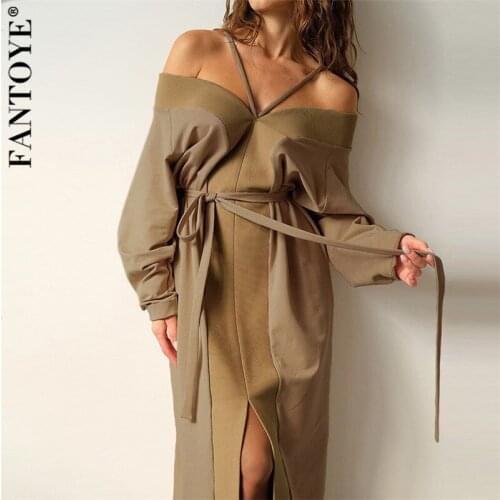 Fantoye Off Shoulder Sexy Backless Women Dress Khaki Spaghetti Strap High Split Dresses Women Autumn Fashion Streetwear Vestidos