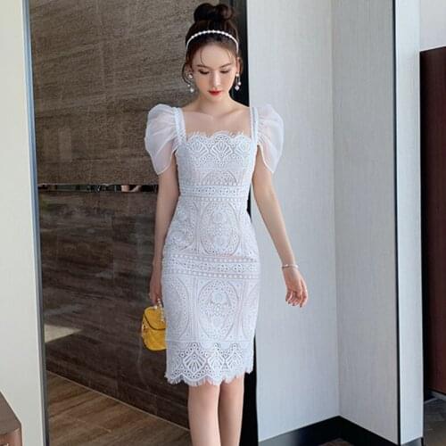 Fashion Summer Vintage Puff Sleeve Midi Party Club Dress Ladies OL Elegant Casual Square Collar Hollow Lace White Pencil Dress