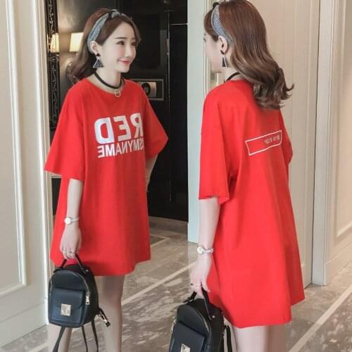 #2354 Cotton Short Sleeve T-shirt Dress For Woman Plus Size Red O-neck Tee Shirts Mini Dresses Ladies Letter Printed Loose Dress