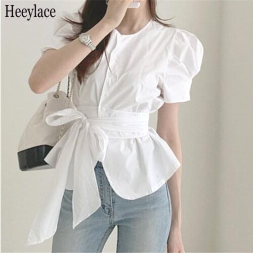 Blouses Solid Bandage Bow Puff Sleeve Summer Women Tops Single Breasted Shirts Korean Chic Elegant Women Blusas Mujer Tops