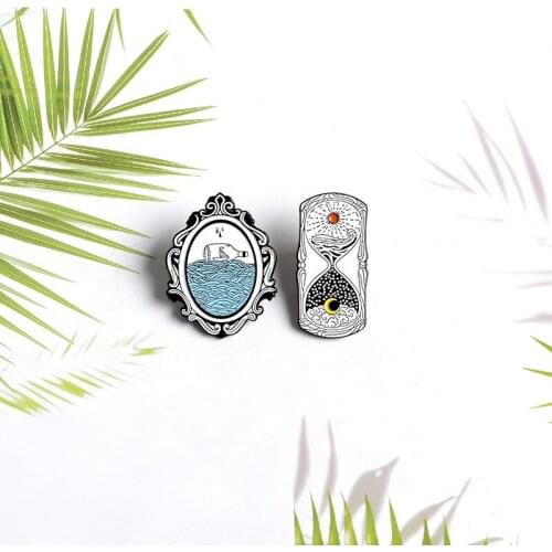 Sun And Moon Hourglass Enamel Pin Drifting Bottle Brooch Denim Jeans shirt bag Nature Jewelry Gift for Friends Men Women
