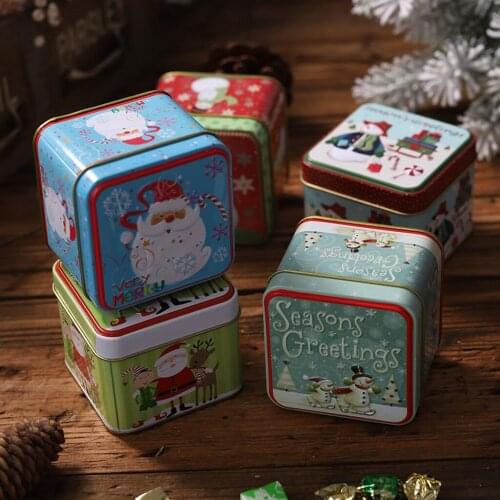 Square Christmas Tin Candy Biscuits Gift Box Containers w/Lid for Home Decor
