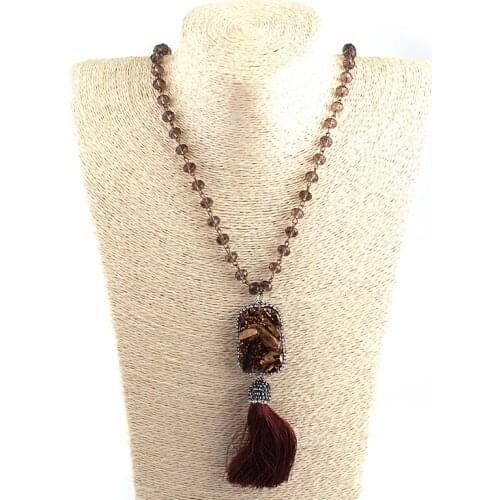 MOODPC Fashion Bohemian Tribal Rustic Soldered Artisan Jewelry dark brown Crystal Glass Beads Knotted Long Tassel Necklace