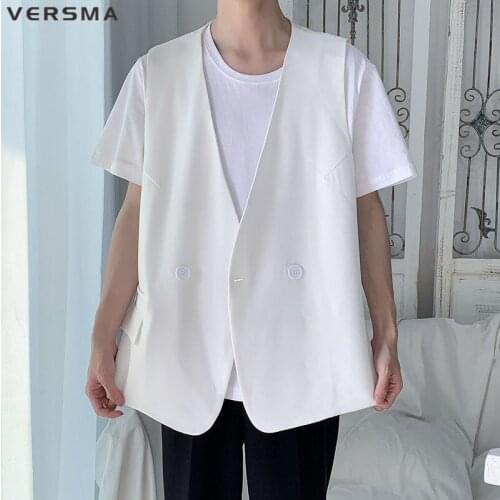 VERSMA Korean Style V Neck Double Breast Suits Jackets Waistcoat Men Summer Trendy Slim Fit Male Suit Vest Jacket Dropshipping