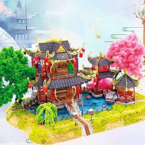 Chinese Architecture DIY 3D Metal Model Dollhouse Kit Assembled Miniature with Furniture Light Doll House Toys for Adults Gifts