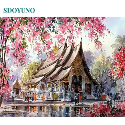 SDOYUNO Frameless Peach Blossom Cottage Paint By Numbers For Adults DIY Home Decoration Bedroom Decor For Wall Art Unique Gift