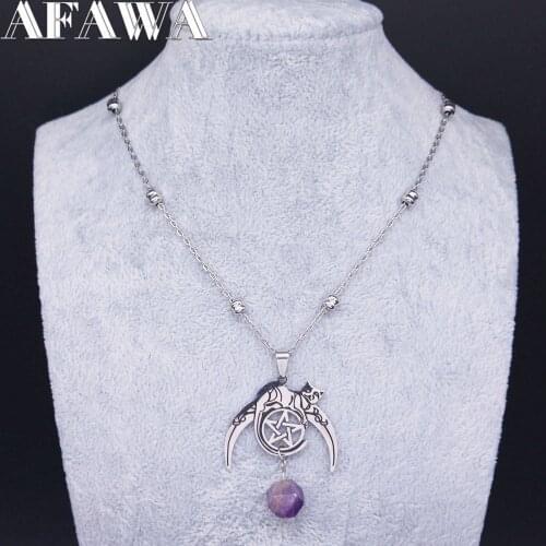 AFAWA Witchcraft Moon Pentagram Cat Silver Color Stainless Steel Statement Necklace Men/Women Jewelry colares feminino N3318S02