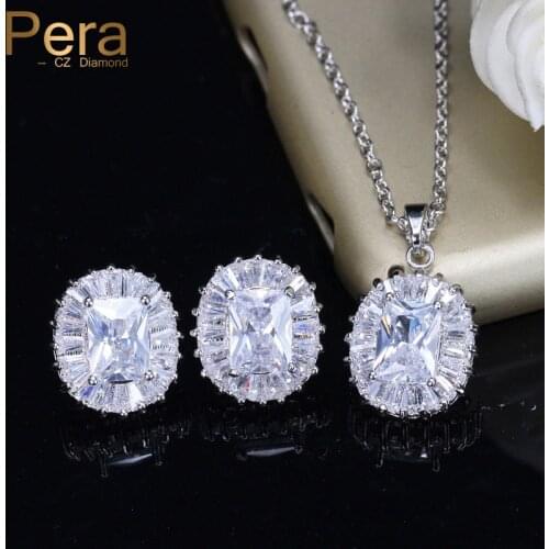 Pera Fashion Korean Style Jewelry Big Square Shape Mirco Pave Cubic Zirconia Pendant Necklace Earrings For Women Daily Gift J265