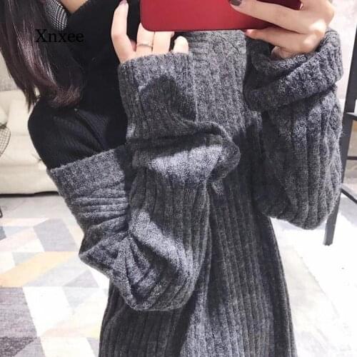 Autumn and Winter New Womens Sexy V-Neck Long-Sleeved Knitted Solid Color Sweater Dress Straight Pullover Slim Dress
