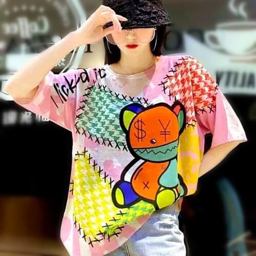 Knitted Summer Womens Loose T-shirt Tops Cartoon Printing Womens Oversized Tops Shirts Pink T-shirts Young Ladies Tops NZ110