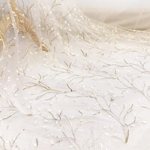Gold Branches Sequin Embroidery High-grade Lace Gauze Mesh Fabric Handmade DIY Wedding Party Dress Material