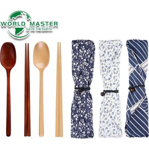 Japanese Style Wooden 1 Pair Chopsticks And 1 Spoon Set Portable Eco-friendly Dinnerware Flatware Tableware Reusable