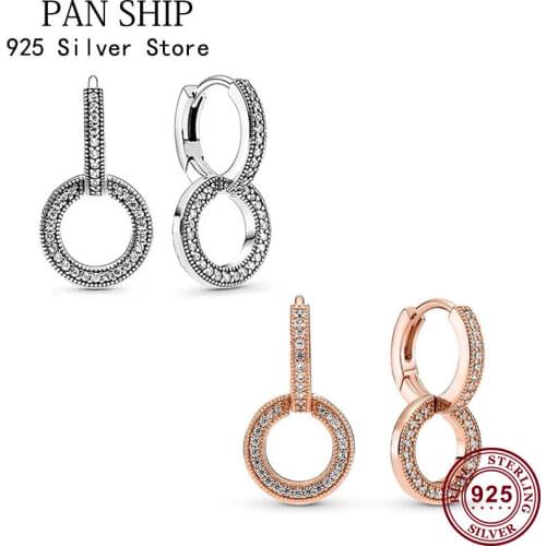 100% 925 Silver New Charm Shining Double Ring PAN Earrings Suitable For Womens Wedding Gifts Festival Diy Charm Jewelry