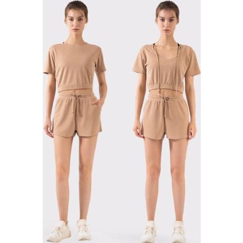 Women Breathable Sport Suit Reversible Short Sleeve Casual T-Shirt Drawstring Loose Shorts Outdoor Exercise Fitness Yoga Sets