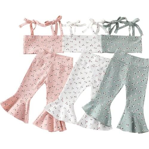 Pudcoco 0-3Y 2Pcs Sleeveless Lace-Up Floral Print Short Vest Camisole Tops+Flare Pants Trousers Fashion Baby Girls Outfit Sets