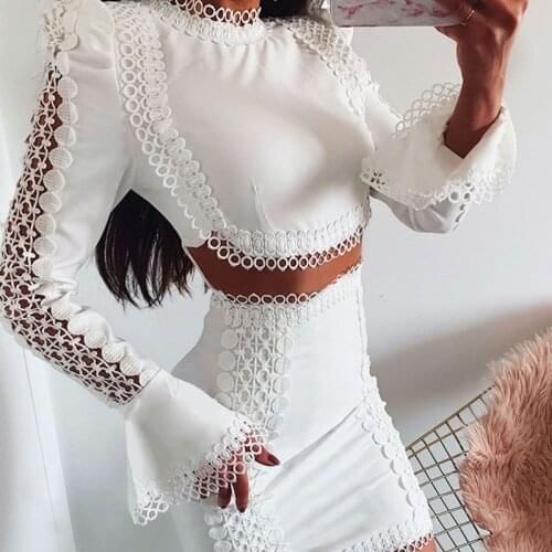 Women Lace Fashion Dress Suit Elegant Long Sleeve Crop Top 2 Piece Set Women White Skirt Two Piece Set Ensemble Femme New 2021