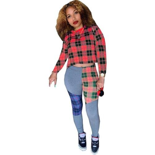 Vintage Plaid Patchwork Two Piece Set Women Long Sleeve Crop Top leggings Joggers Pants Sweat Suit Bodycon Tracksuit Femme