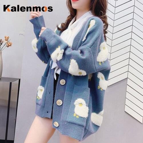Knit Cardigan Women KALENMOS Autumn Loose Streetwear Sweater Coat Cute Cartoon V Neck Knitted Coat Harajuku Jacket Plus Size