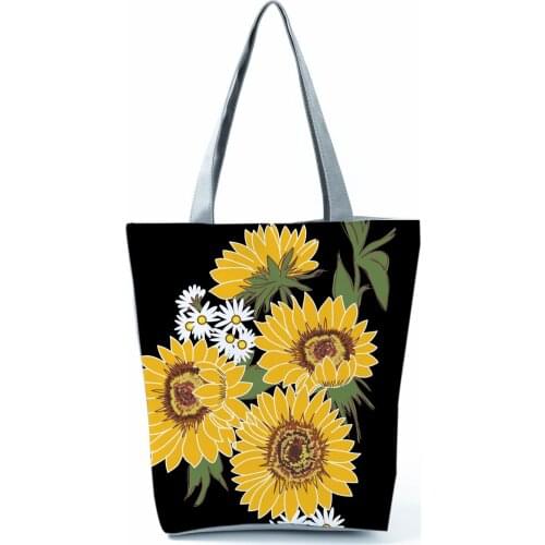 Sunflower Bouquet Printed Black Womens Bag Refreshing Casual Handbags Eco High Capacity Shopping Bag Portable Shoulder Bags