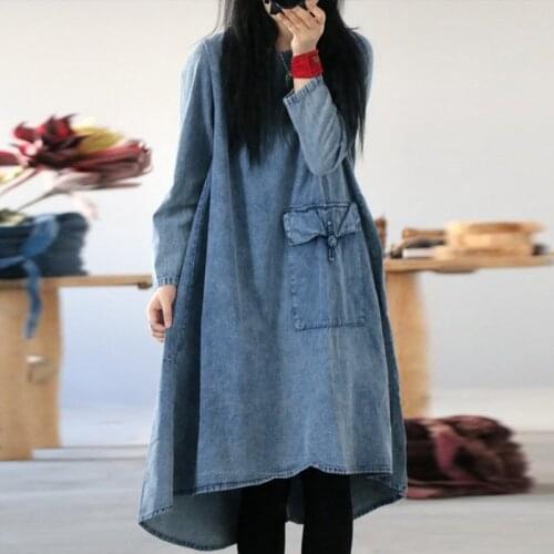 Johnature 2021 Autumn Denim Loose Dress Long Sleeve New Casual Vintage Solid Color O-neck Pockets Button Women Dresses