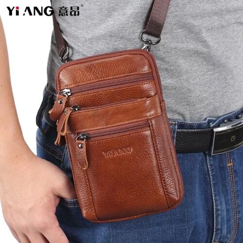Leather small waist bag mens multifunctional belt wearing mobile phone bag Single Shoulder Messenger Bag 7 inch head leather