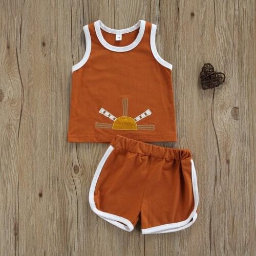 Summer 2Pcs Toddler Outfit Sun Embroidery O-Neck Tank Tops + Elastic Waist Shorts for Baby Girls Boys 0-4 Years