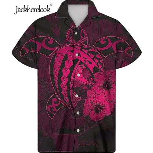 Jackherelook Loose Cuban Guayabera Men Shirts Red Polynesian Hawaiian Turtle Print Casual Button Down Male Top Chemise Homme