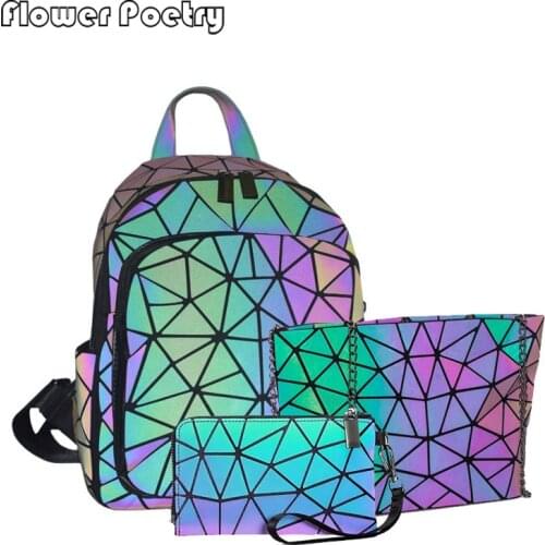 Set Luminous Backpack For Women Geometric Holographic Designer Female Chain Bags Multifunction Leather Ladies Backpacks Mochilas