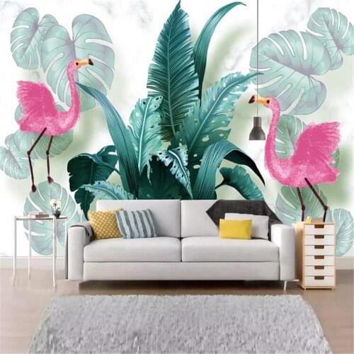 Milofi professional custom wallpaper mural Nordic hand-painted small fresh tropical plants flamingo background wall decoration p