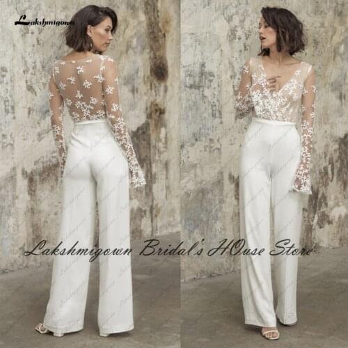 Lakshmigown Modest Bridal Satin Jumpsuit Wedding Gown Puffy Long Sleeves 2022 Sexy Illusion Lace Bodice Receipt Party Dress