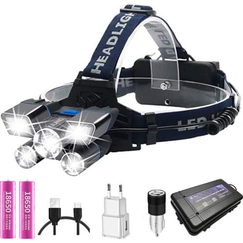 Super bright LED Headlamp USB rechargeable Multifunctional waterproof red and blue warning light For fishing hunting