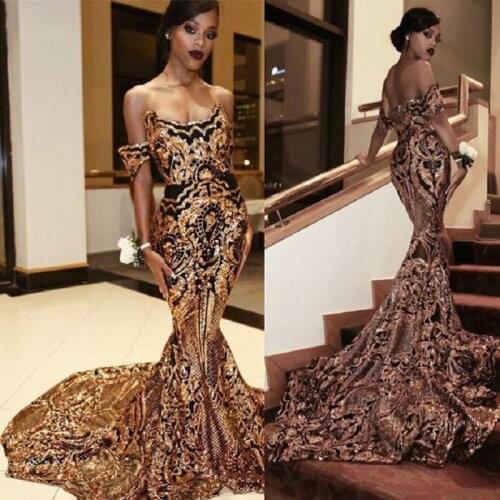 Vintage Arabic Gold Mermaid Evening Dresses 2020 vestidos de fiesta de noche African Black Girls Women Formal Dress Prom Gowns