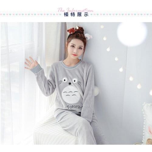 Thick Warm Flannel Pajamas Sets for Women Winter Long Sleeve Coral Velvet Pyjama Girls Cute Cartoon Totoro Homewear Pijama Mujer