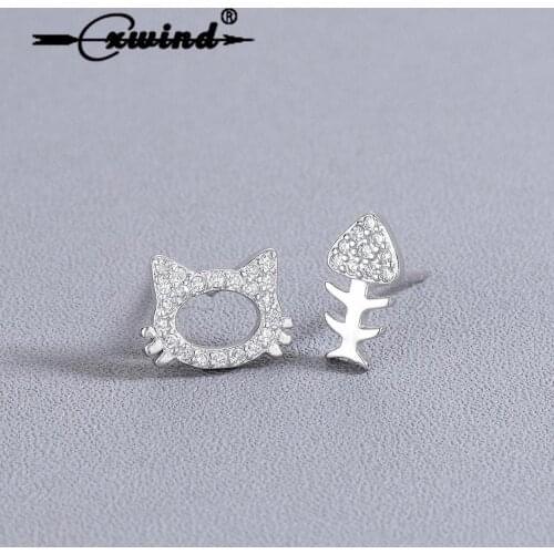 Cxwind Fashion Zircon Crystal Cat Fish Bone Earrings Womens Ear Studs Earring Kitty Jewelry for Girl Cute Gift oorbellen