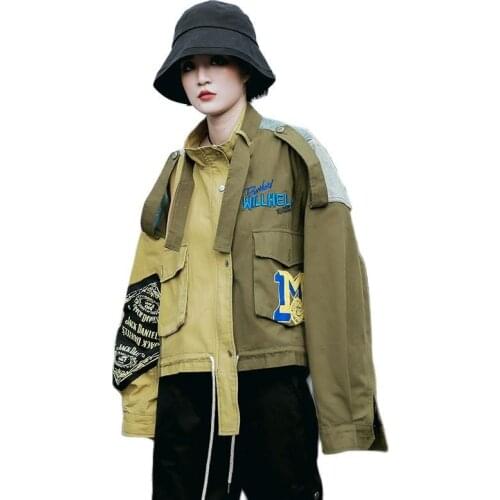 Autumn Fashion Women Short Coat Loose Thin Denim Stitching 2021 Cardigan Jacket Harajuku Style Khaki Fashion Clothing Embroidery