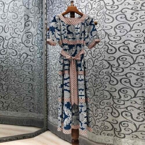 Vintage Print Dress 2021 Summer Fashion Style Women O-Neck Big Floral Patterns Belt Deco Short Sleeve Mid-Calf Dark Blue Dress