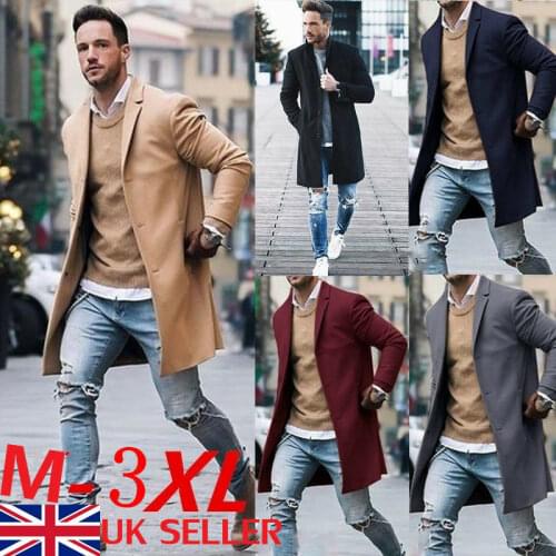 Winter Fashion Men Wool Coat Casual Turn-down Collar Trench Coat Button Outwear Overcoat Black Gray Khaki Wine Red Navy Blue