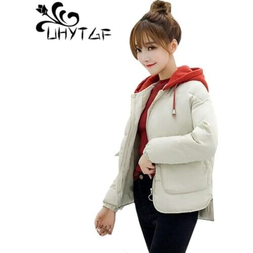 UHYTGF Winter Warm Down jacket Women Short Coat Solid Color Women Parka Mujer Thick Plus Size Hooded Jacket Female Outerwear 125