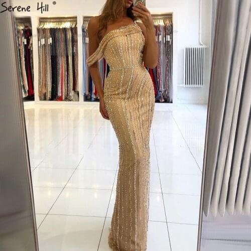 Gold Mermaid Sexy Evening Dresses Woman Part Night Dubai One Shouder Luxury Beading Sparkle Evening Gowns for Women BLA70723