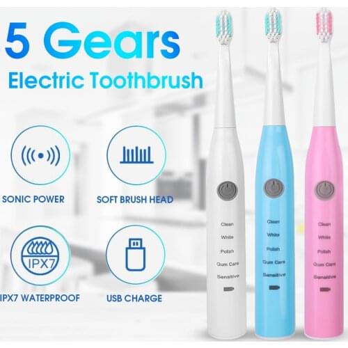 Ultrasonic Electric Toothbrush Vibration Whitening Rechargeable Oral Hygiene Cleaning Replacement Teeth Brush Heads 1+5 Pcs