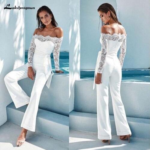 White jumpsuit wedding dresses lace applique off shoulder suit set long sleeves Floor Length Formal wedding gown