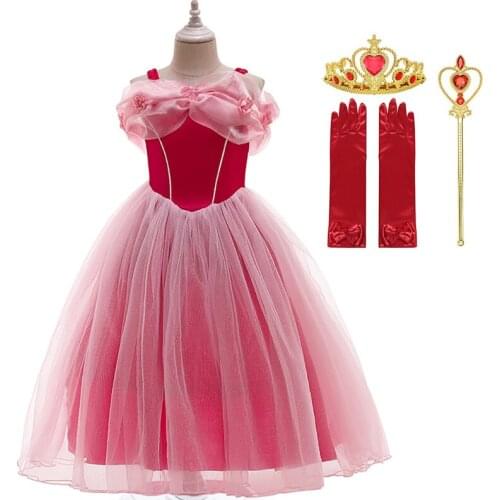 Disney Sleeping Beauty Costume for Girls Off Shoulder Summer Princess Aurora Dress Child Fairy Mesh Tutu Frock Halloween Cosplay