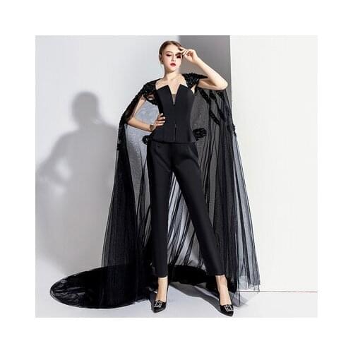 100%real white/black detachable long cape top with pants Victoria/customs size/stage performance/studio/red carpet