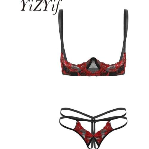 Erotic Red Embroidery Lace Bra Panties Lingerie Set Sexy Underwear Women Open Cups Bra and Open Crotch Panties G-string Thong