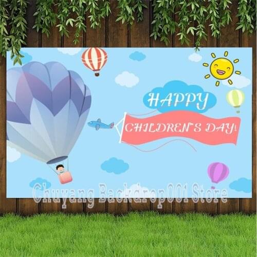 Happy Children 'S Day Background For Photo Newborn Baby Shower Adventure Hot Air Balloons Blue Sky Cartoon Backdrop Room Decor