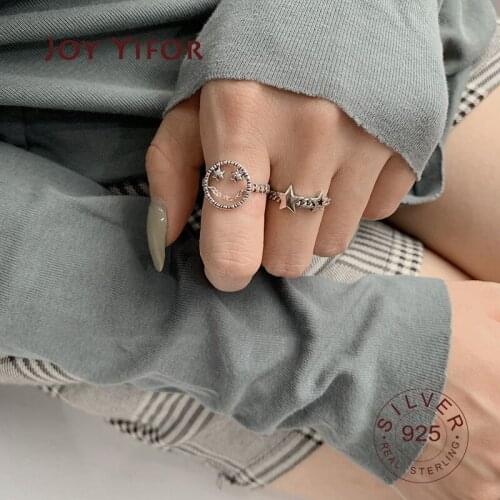 925 Sterling Silver Rings For Women trendy smile face stars fine Jewelry Beautiful Finger Open Ring For Party Birthday Gift