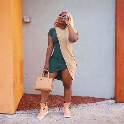 Summer Patchwork Split Short Dress Women Short Sleeve Bodycon Sundress Sexy Asymmetric O Neck Streetwear Casual Elegant Dresses