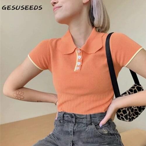 Summer t shirt women short sleeve shirts kawaii polo shirt black woman tshirts vintage turn down collar cropped shirts knitted